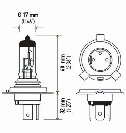 Hella Bulb H4 12V 60/55W P43T T4625 (2) H4TB H4TB Technical Drawing