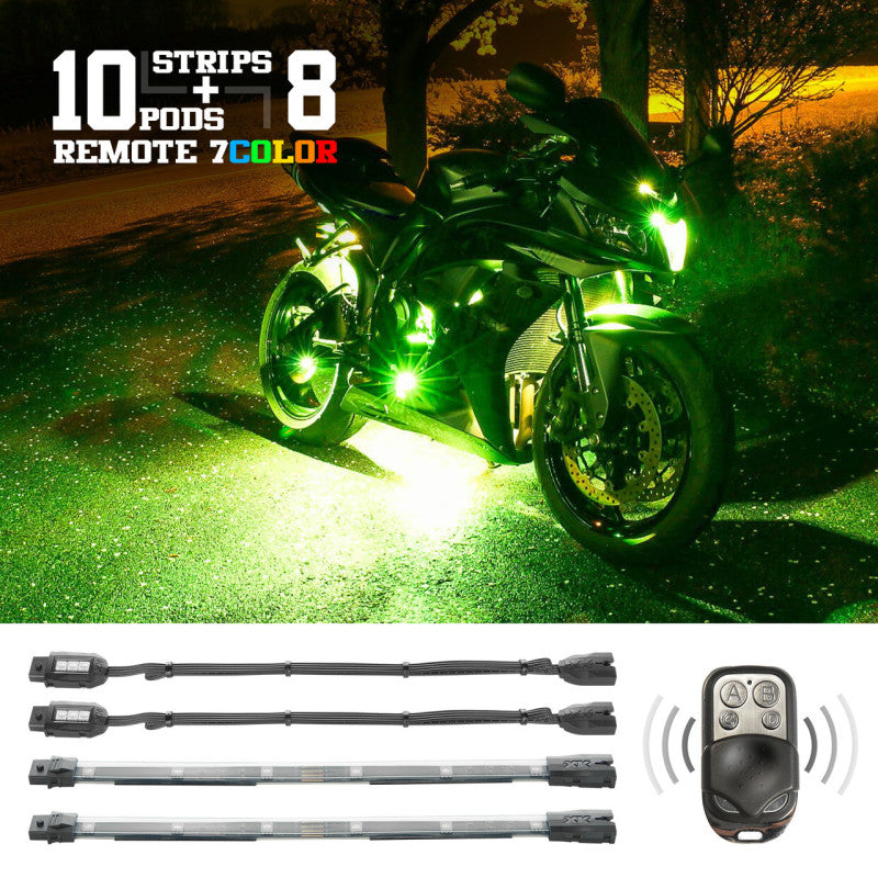 XKGLOW XK Glow Flex Strips 7 Color LED Accent Light Motorcycle/ATV Kit (10xCompact Pods + 8x10In) XK034017