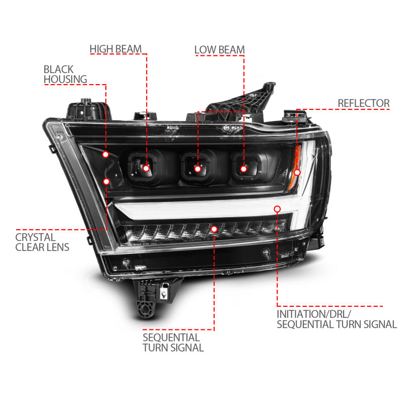 ANZO 19-24 RAM 1500 (New Body/OE Halogen) Full LED Proj Headlights DRL/SeqSig Black - Pass. Side 111628A-R 111628A-R User 1