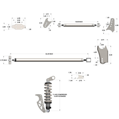 QA1 HD Pro Rear Triangulated 4-Link Kit - Front Mount Single Adj Coilovers R173-170 R173-170 Technical Drawing