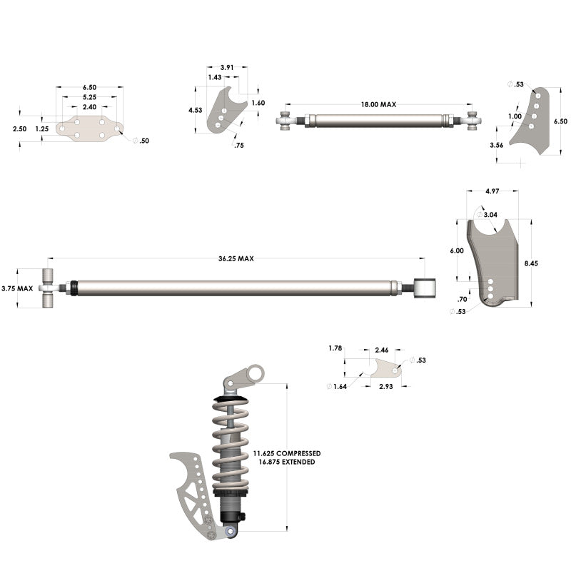 QA1 HD Pro Rear Triangulated 4-Link Kit - Front Mount Single Adj Coilovers R173-170 R173-170 Technical Drawing