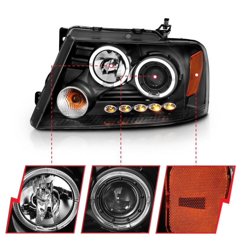 Anzo 2004-2008 Ford F-150 Projector Headlights w/ Halo and LED Black G2 111204 Photo - Unmounted