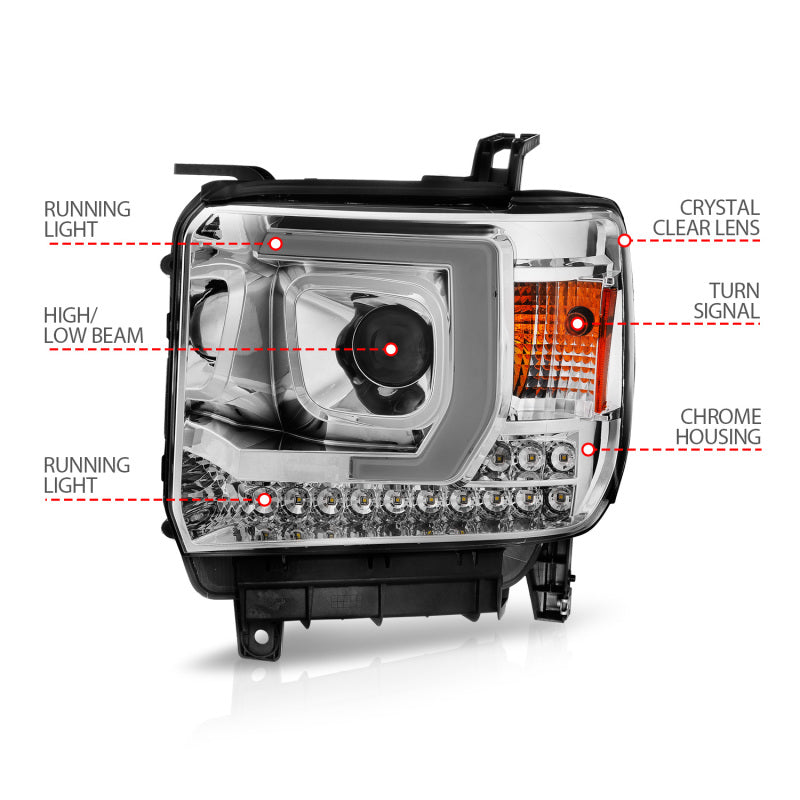 ANZO 14-15 GMC Sierra 1500/2500HD/3500HD Plank Style Projector Headlight - Chrome Housing 111553 111553 Photo - Unmounted