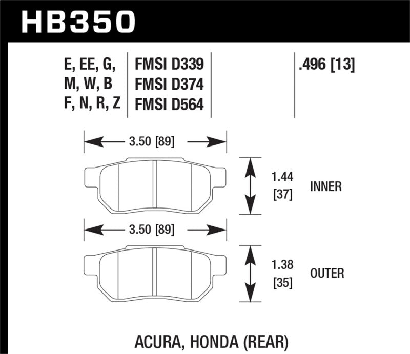 Hawk Ceramic Brake Pads Rear Acura Integra RS 1990-1993 HB350Z.496 Photo - Primary