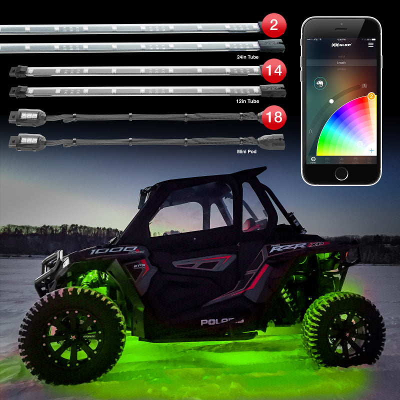 XKGLOW XK Glow Tube + 18xPods Million Color XKCHROME App Controlled Offroad UTV Kit 2x24In Tube + 14x12In XK-UTV-ADV