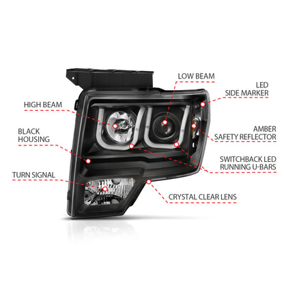 Anzo Ford F-150 09-14 Projector Switchback Headlights U-Bar Black W/ Amber 111383 Photo - Unmounted