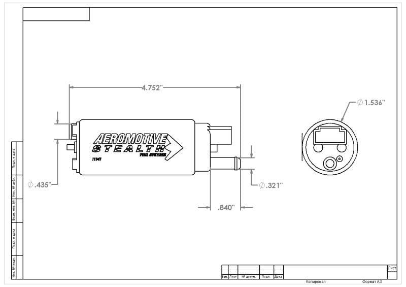 Aeromotive 340 Fuel Pump Offset Inlet 11541 Technical Drawing