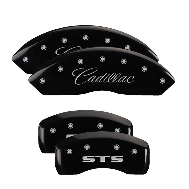 MGP 4 Caliper Covers Engraved Front Cursive/Cadillac Engraved Rear STS Black finish silver ch 35002SSTSBK 35002SSTSBK Photo - Primary