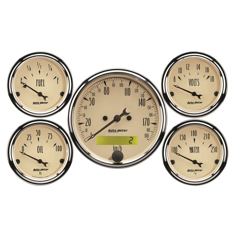 Autometer Gauge Kit 5 Pc. 3 1/8" & 2 1/16" Elec. Km/H Speedometer Antique Beige 1809-M Photo - Primary