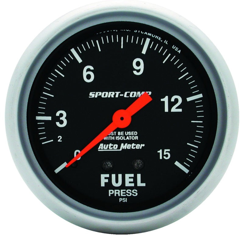 Autometer Gauge, Fuel Pressure, 2 5/8", 15Psi, Mechanical w/isolator, Sport-Comp 3413 Photo - Primary
