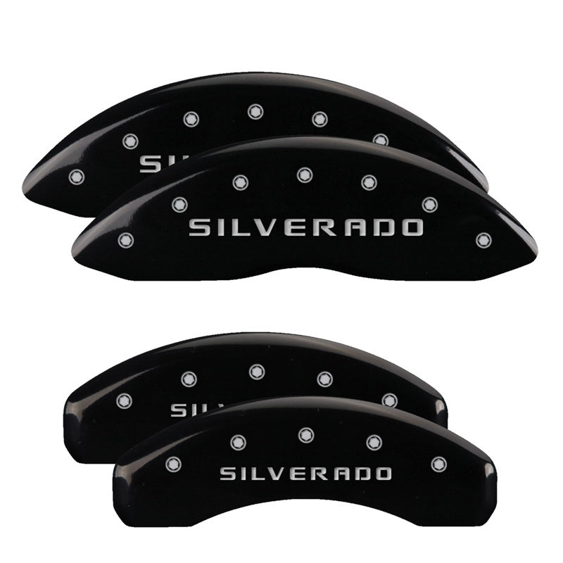 MGP 4 Caliper Covers Engraved Front & Rear Silverado Black finish silver ch 14048SSILBK 14048SSILBK Photo - Primary