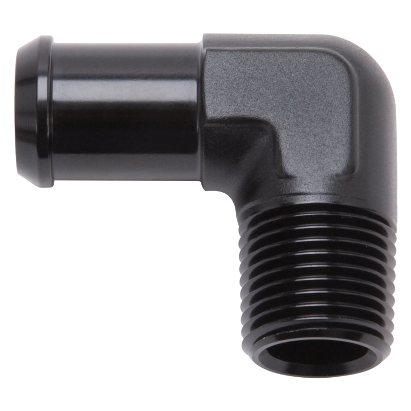 Edelbrock Hose End, 90-deg., 1/2" NPT to 1/2" Barb, Black Anodize 8180 Photo - Primary