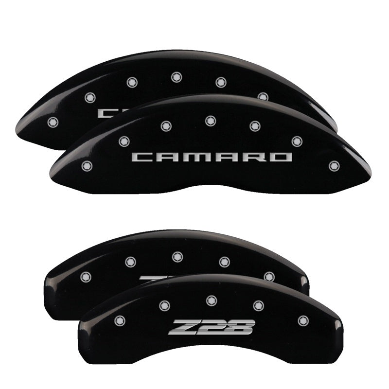 MGP 4 Caliper Covers Engraved Front Gen 5/Camaro Engraved Rear Gen 5/Z28 Black finish silver ch 14036SZ85BK 14036SZ85BK Photo - Primary