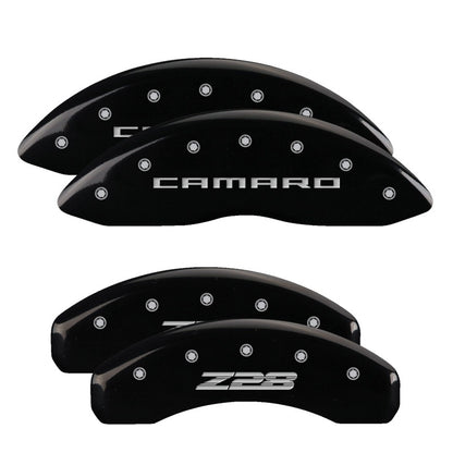 MGP 4 Caliper Covers Engraved Front Gen 5/Camaro Engraved Rear Gen 5/Z28 Black finish silver ch 14036SZ85BK 14036SZ85BK Photo - Primary