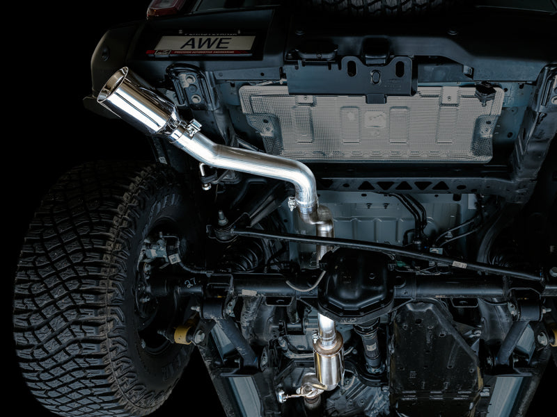 AWE Tuning 2021+ Ford Bronco 0FG Single Rear Exit Exhaust w/Chrome Silver Tip & Bash Guard 3015-22789 3015-22789 Photo - Mounted