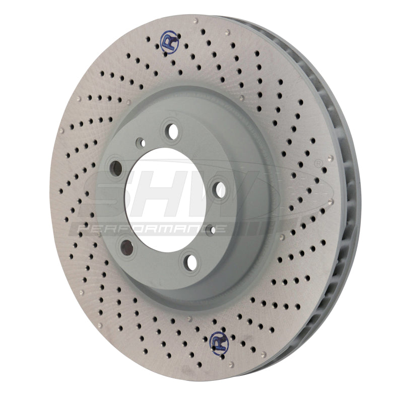 SHW Performance SHW 07-13 Porsche 911 Turbo 3.8L w/o Ceramic Brakes Right Front Drilled-Dimpled MB Brake Rotor PFR31004 PFR31004 Photo - Primary