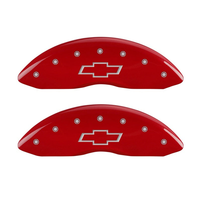 MGP Front set 2 Caliper Covers Engraved Front Bowtie Red finish silver ch 14221FBOWRD 14221FBOWRD Photo - Primary