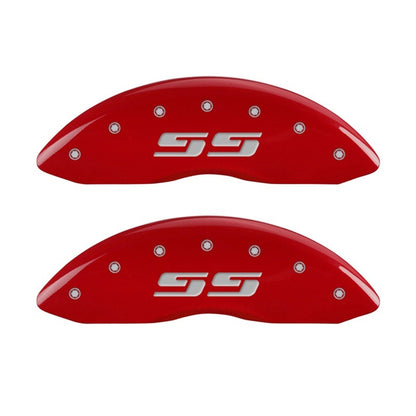 MGP Front set 2 Caliper Covers Engraved Front Silverado style/SS Red finish silver ch 14238FSS3RD 14238FSS3RD Photo - Primary