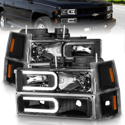 ANZO 88-98 Chevrolet C1500 Crystal Headlights w/ Light Bar Black Housing w/ Signal Side Markers 8Pcs 111528 111528 Photo - Primary