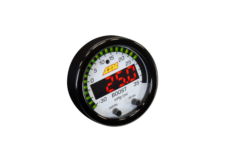 AEM Electronics X-Series Boost Pressure Gauge -30inHg-35psi / -1-2.5bar. Black Bezel & 30-0306 Photo - out of package