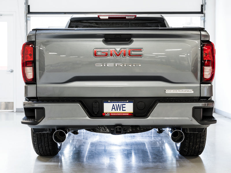 AWE Tuning 4th Gen GM 1500 5.3L 0FG Catback Split Rear Exit (Flat Bumper) - Quad Chrome Tips 3015-32205 3015-32205 Photo - Mounted