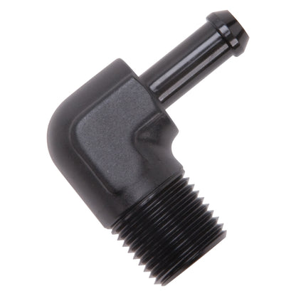Edelbrock Hose End, 90-deg., 1/2" NPT to 3/8" Barb, Black Anodize 8169 Photo - out of package