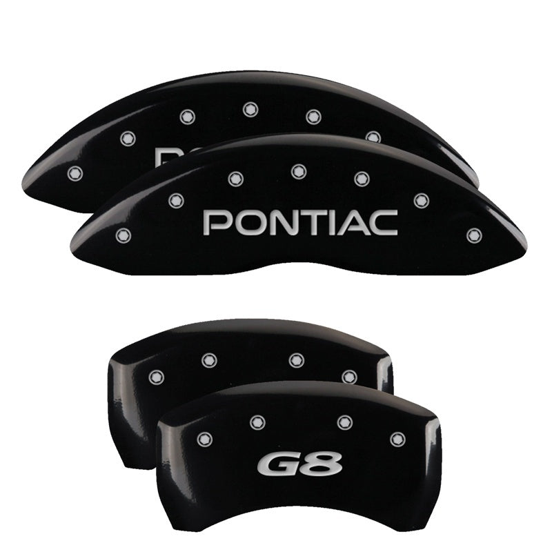 MGP 4 Caliper Covers Engraved Front Pontiac Engraved Rear G8 Black finish silver ch 18011SPG8BK 18011SPG8BK Photo - Primary