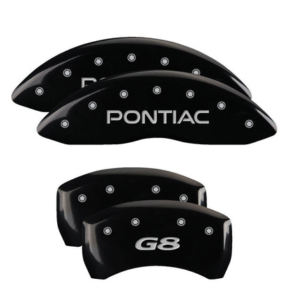 MGP 4 Caliper Covers Engraved Front Pontiac Engraved Rear G8 Black finish silver ch 18011SPG8BK 18011SPG8BK Photo - Primary