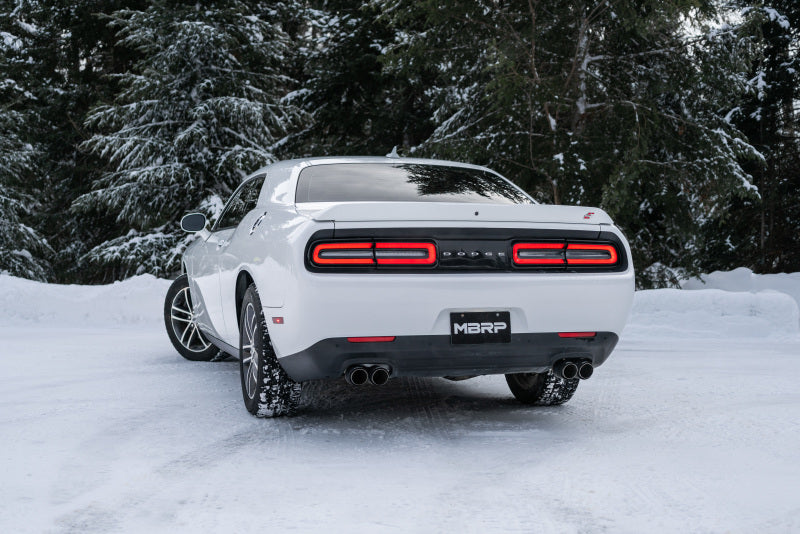 MBRP 2015+ Dodge Challenger 3.6L SS 2.5in Quad Tip Split Rear Exit w/ Carbon Fiber Tips - T304 S71113CF S71113CF Photo - lifestyle view
