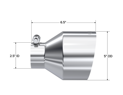 MBRP Universal T304 Stainless Steel Tip 2.5in ID / 5in OD Out / 6.5in Length Angle Cut Single Wall T5190 T5190 Photo - Close Up