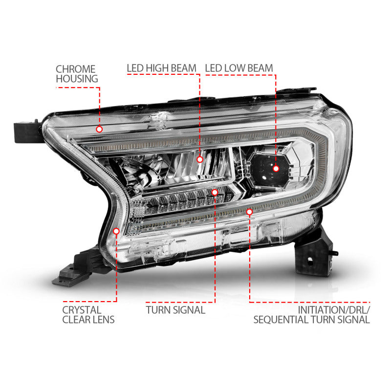 ANZO 19-23 Ford Ranger Full LED Projector Headlights w/ Initiation & Sequential - Chrome 111614 111614 Photo - Unmounted
