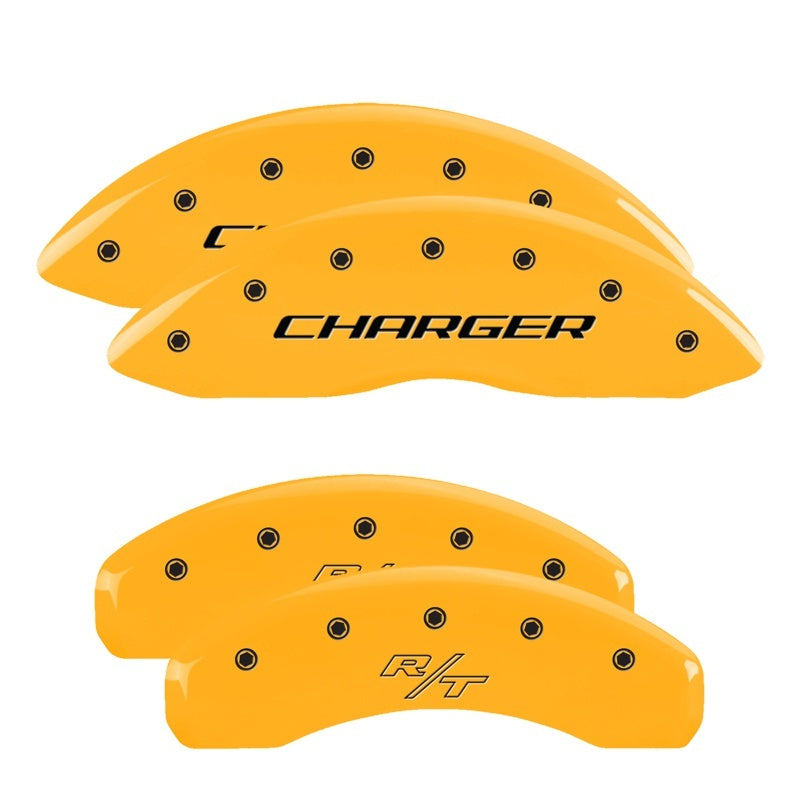 MGP 4 Caliper Covers Engraved Front Charger Engraved Rear RT Yellow finish black ch 12088SCHRYL 12088SCHRYL Photo - Primary