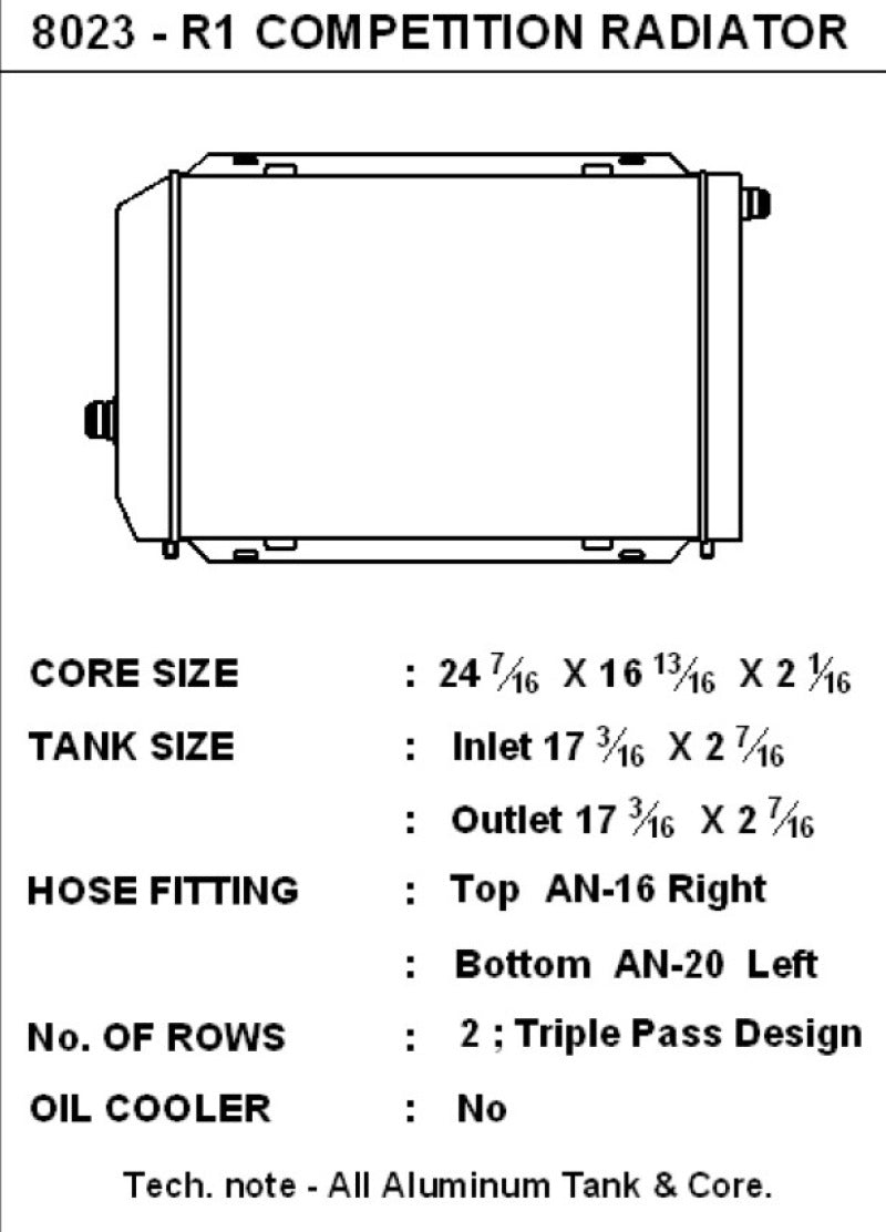CSF Universal Triple Pass Dual Core Radiator w/AN Fittings 8023 8023 Technical Drawing