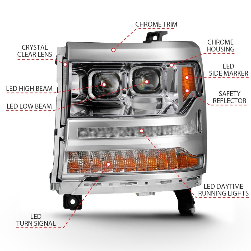 ANZO 16-18 Chevrolet Silverado 1500 LED Projector Headlights w/Plank Style Switchback Chrome w/Amber 111421 111421 Photo - Unmounted