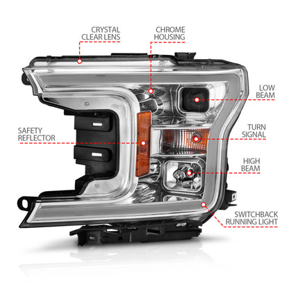 ANZO 2018-2020 Ford F-150 Projector Headlight w/Plank Style Switchback Chrome Housing 111510 111510 Photo - Unmounted