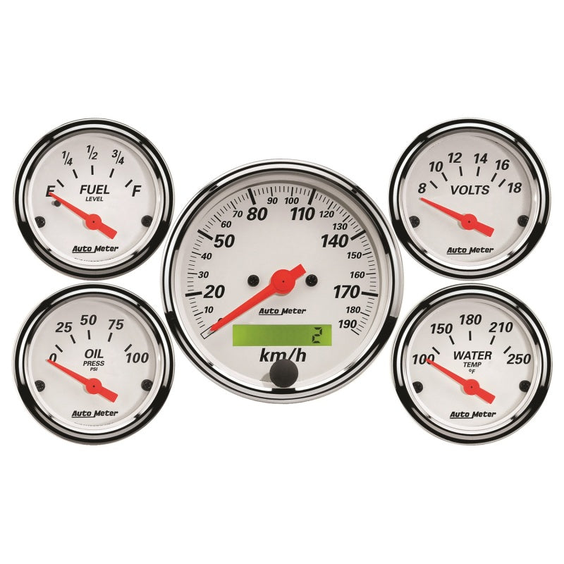 Autometer Gauge Kit, 5 Pc., 3 1/8" & 2 1/16", Elec. Km/h Speedo., Arctic White 1302-M Photo - Primary