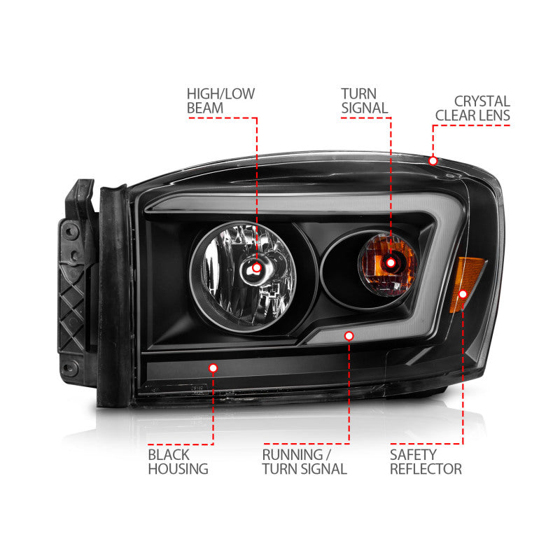 Anzo 06-09 Dodge RAM 1500/2500/3500 Headlights Black Housing/Clear Lens (w/Switchback Light Bars) 111526 111526 Photo - Unmounted