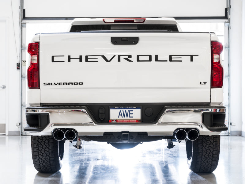 AWE Tuning 4th Gen GM 1500 5.3L 0FG Catback Split Rear Exit (w/ Bumper Cutouts) - Quad Chrome Tips 3015-42201 3015-42201 Photo - Mounted