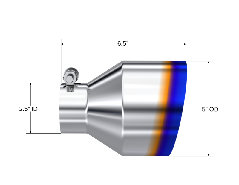 MBRP Univ. T304 Stainless Steel Burnt End Tip 2.5in ID / 5in OD / 6.5in Length Angle Cut Single Wall T5190BE T5190BE Photo - Close Up