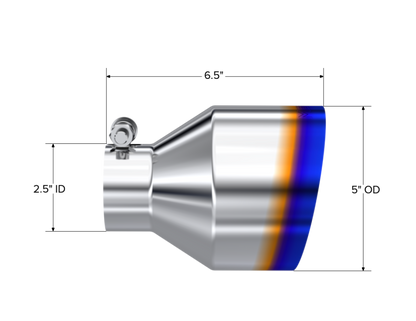 MBRP Univ. T304 Stainless Steel Burnt End Tip 2.5in ID / 5in OD / 6.5in Length Angle Cut Single Wall T5190BE T5190BE Photo - Close Up