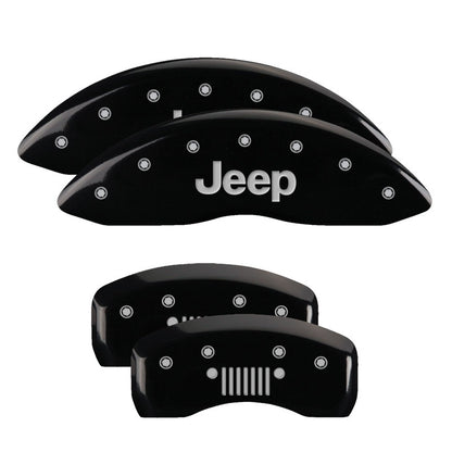 MGP 4 Caliper Covers Engraved Front JEEP Engraved Rear JEEP Grill logo Black finish silver ch 42003SJPLBK 42003SJPLBK Photo - Primary