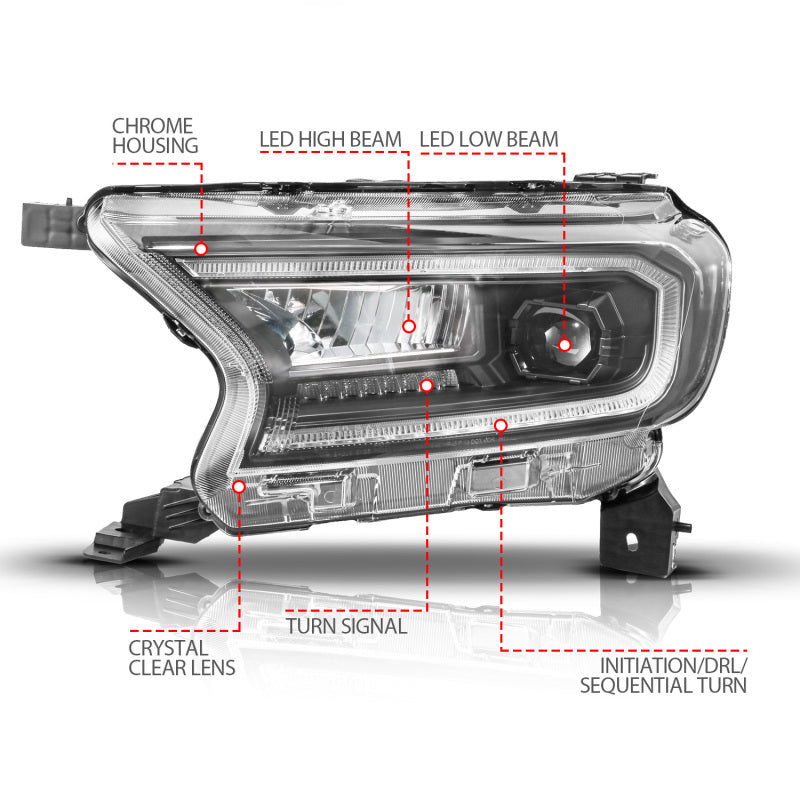 ANZO 19-23 Ford Ranger (Factory Halogen Model) Full LED Proj Headlights Init/DRL/SeqSig Black - Pair 111632A 111632A User 1