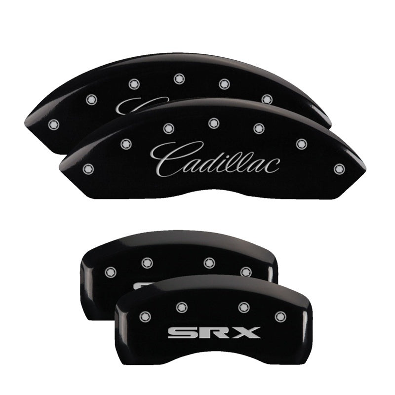 MGP 4 Caliper Covers Engraved Front Cursive/Cadillac Engraved Rear SRX Black finish silver ch 35002SSRXBK 35002SSRXBK Photo - Primary