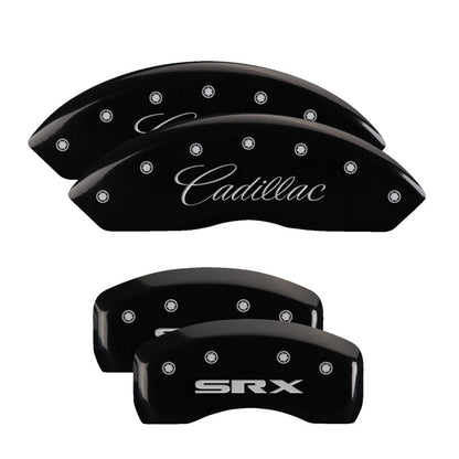 MGP 4 Caliper Covers Engraved Front Cursive/Cadillac Engraved Rear SRX Black finish silver ch 35002SSRXBK 35002SSRXBK Photo - Primary