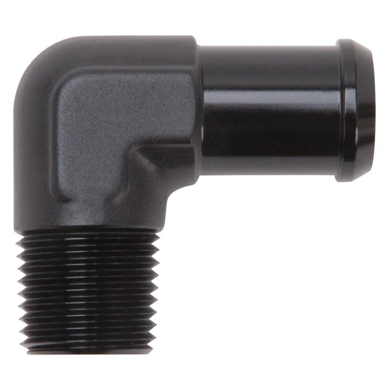 Edelbrock Hose End, 90-Degree, 1/2" NPT TO 3/4" Barb, Black Anodize 8165 Photo - Primary