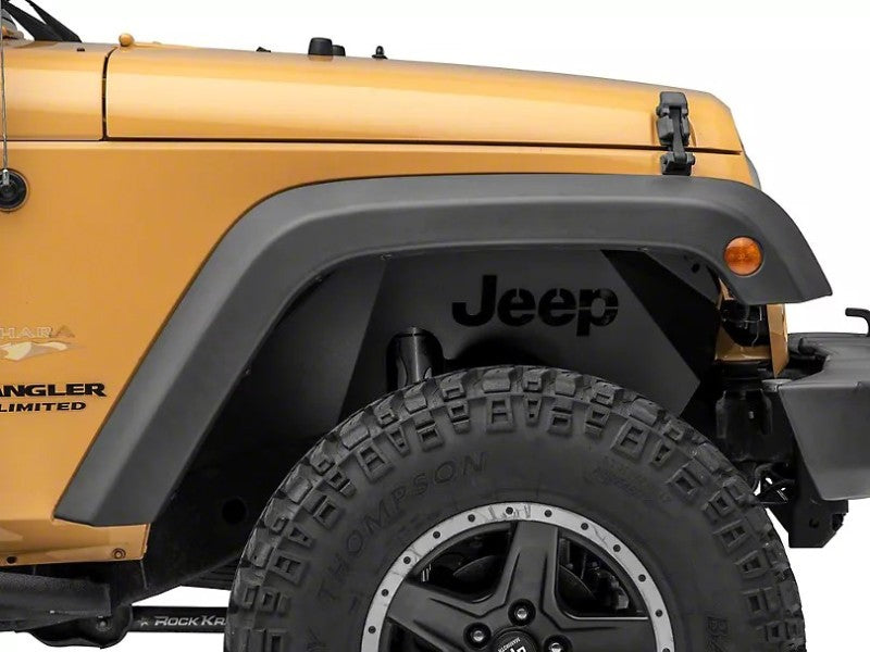 Officially Licensed Jeep 07-18 Wrangler JK Aluminum Inner Fender Liners w/ Jeep Logo- Front-Txt Blk oljJ157737