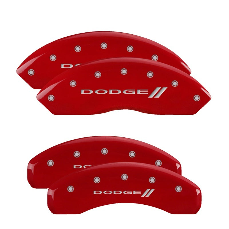 MGP 4 Caliper Covers Engraved Front & Rear With stripes/Dodge Red finish silver ch 12200SDD3RD 12200SDD3RD Photo - Primary