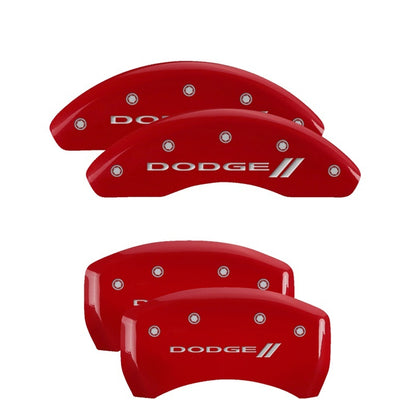 MGP 4 Caliper Covers Engraved Front & Rear With stripes/Dodge Red finish silver ch 12199SDD3RD 12199SDD3RD Photo - Primary