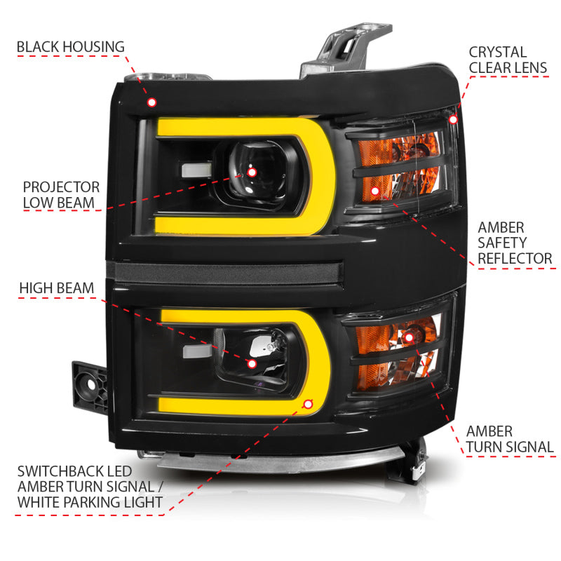 ANZO 14-15 Chevrolet Silverado 1500 Projector Headlights w/ Plank Style Switchback Black w/ Amber 111412 111412 Photo - Unmounted