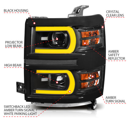 ANZO 14-15 Chevrolet Silverado 1500 Projector Headlights w/ Plank Style Switchback Black w/ Amber 111412 111412 Photo - Unmounted